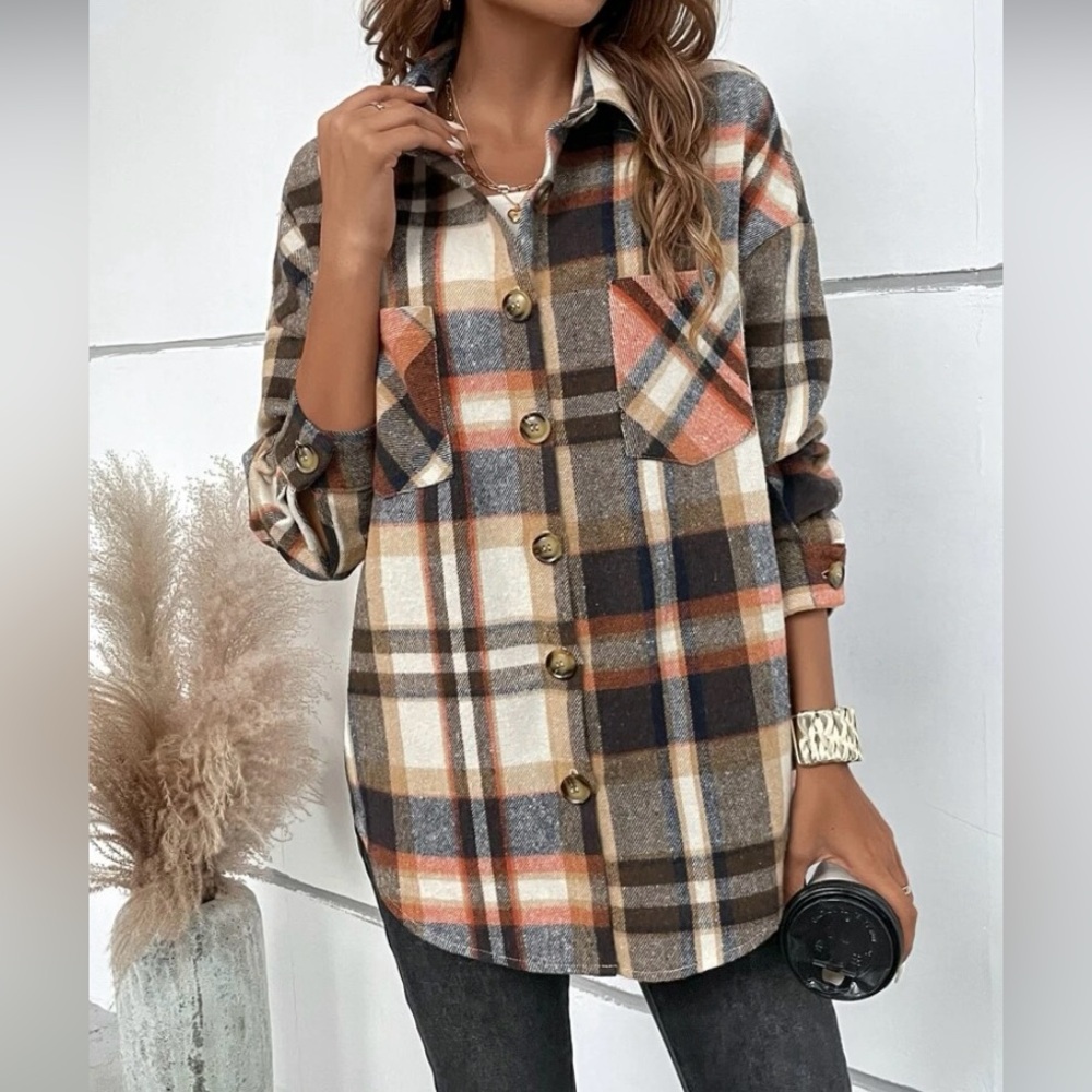 Shein Plaid Flannel Shacket - Browns & Navy